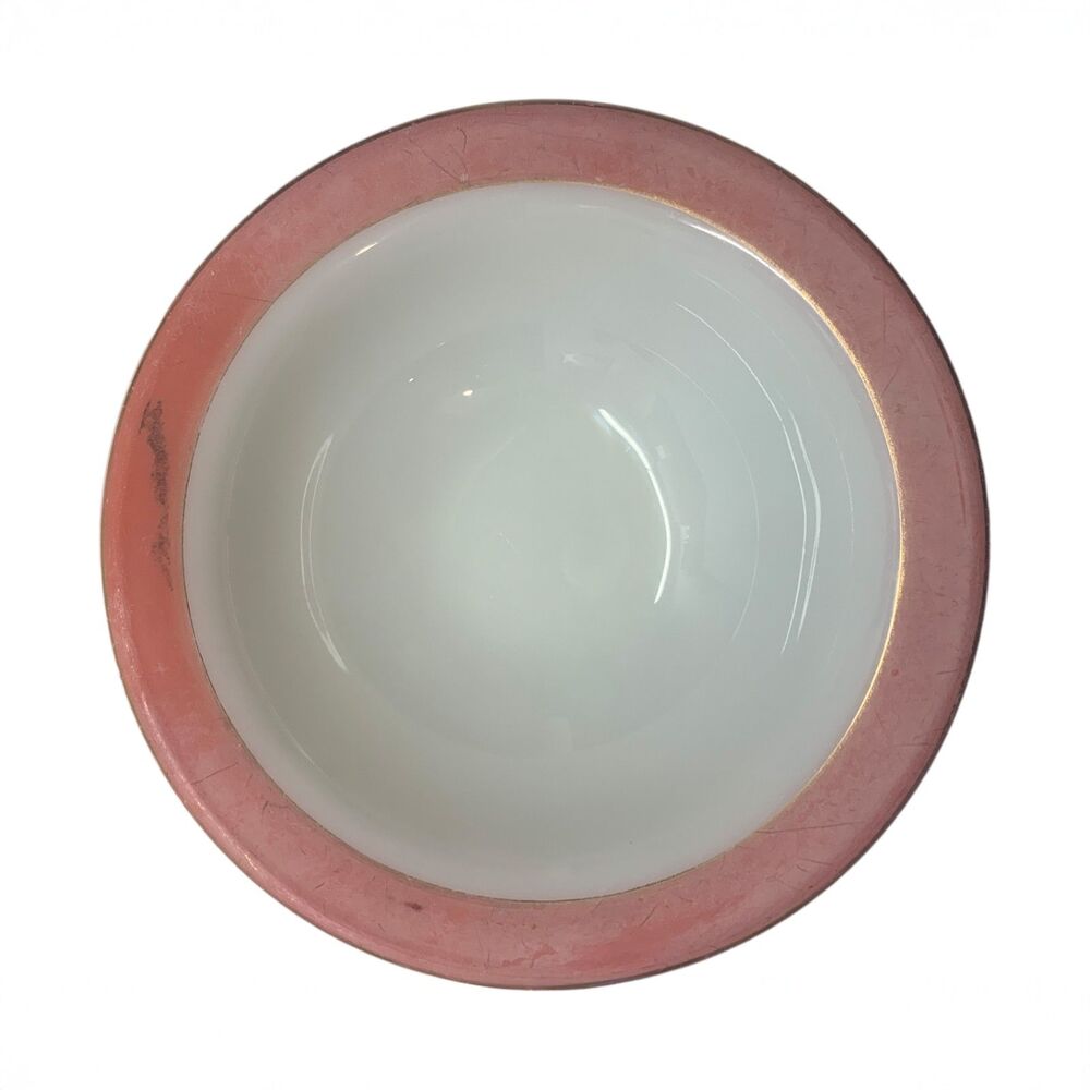 Vintage Pyrex Flamingo Pink Rim Milk Glass Bowls Set of 4 White Retro Kitchen - Picture 5 of 11